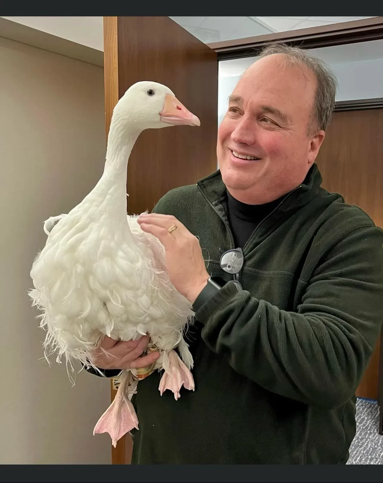John Huot holding his duck, Goose, smiling at a community event